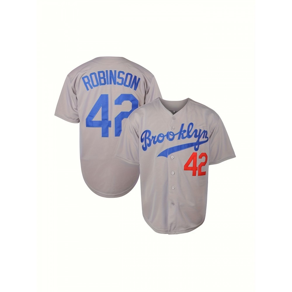 Men'S Retro Letter #42 Embroidery Design Short Sleeve V-neck Loose Button Up Shirt, Men'S Summer Baseball Jersey