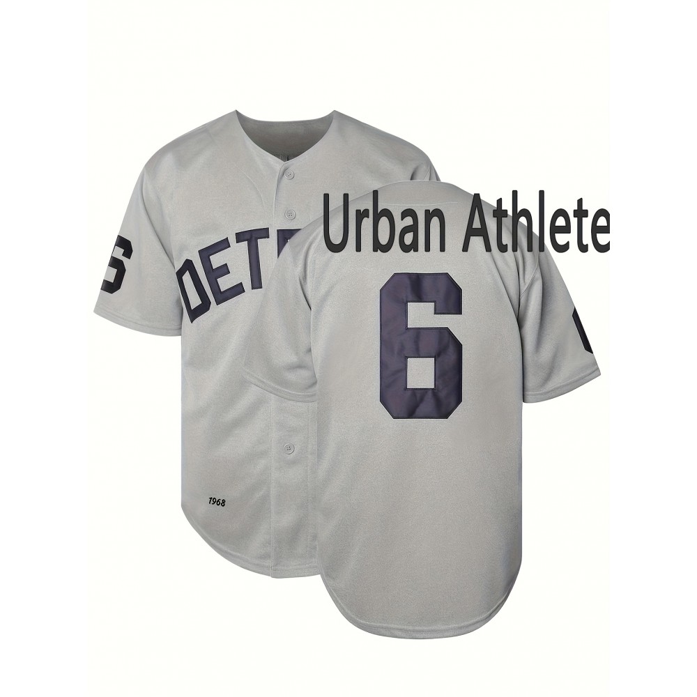 Men's Detroit 6 Embroidered Baseball Jersey - V-Neck Short Sleeve Button-Up Shirt with Bold Lettering & Number 6 Design, Loose Fit Polyester Top for Training, Casual Wear & Sports (Sizes S-3XL)
