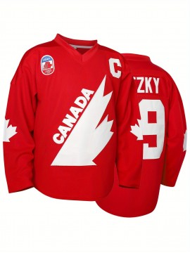 1pc Canada Hockey Jersey, Men's Long Sleeve V-Neck Polyester Pullover with Letter & Number, Loose Fit Sports Top for Training, Casual & Team Sports - Red & White, Sizes S-3XL, Athletic Clothing|Patriotic Design|Durable Wear