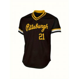 Men's Pittsburgh #21 Baseball Jersey - Black & Yellow V-Neck Pullover with Striped Sleeves, All-Season Machine Washable Sportswear for Team Sports, Halloween & Christmas, Baseball Shirt, Outdoor Activity Apparel, Sporty Vneck Style, Durable Sportswear