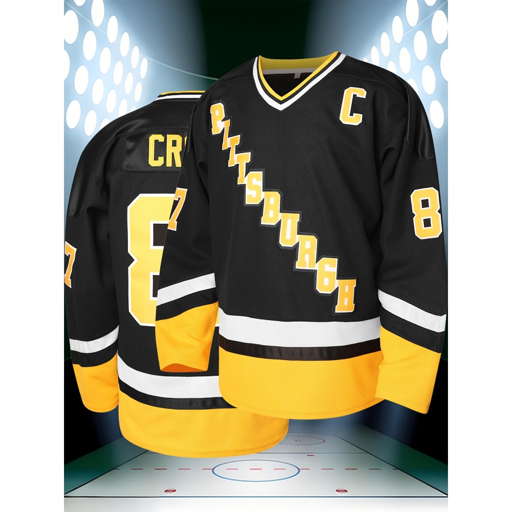 Men's #87 Black & Yellow Ice Hockey Jersey - Embroidered, Breathable Polyester, V-Neck Captain's Sweatshirt for Sports, Casual Streetwear, Machine Washable