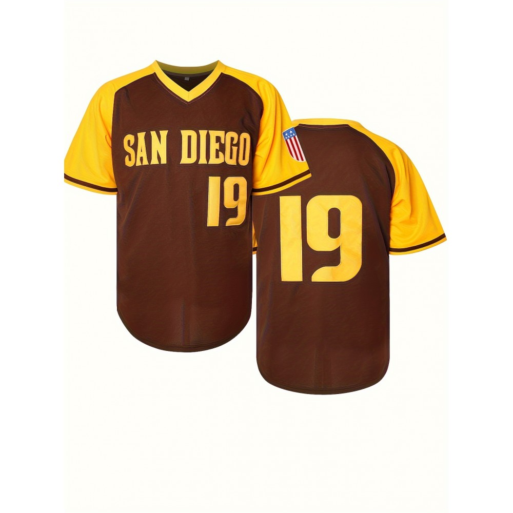 Men's San Diego 19 Baseball Jersey - Brown & Yellow V-Neck Short Sleeve, Lettering & Number 19, Loose Fit Polyester, Machine Washable for Casual, Outdoor, Sports, Party Wear, Outdoor Activity Apparel, Sporty Look, Detailing