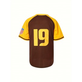 Men's San Diego 19 Baseball Jersey - Brown & Yellow V-Neck Short Sleeve, Lettering & Number 19, Loose Fit Polyester, Machine Washable for Casual, Outdoor, Sports, Party Wear, Outdoor Activity Apparel, Sporty Look, Detailing