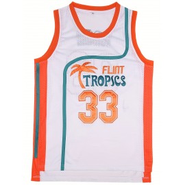 White FLINT TROPICS #33 Embroidery Design Men'S Basketball Jersey, Retro Breathable Round-neck Sleeveless Sports Training Uniform, Summer Party And Street