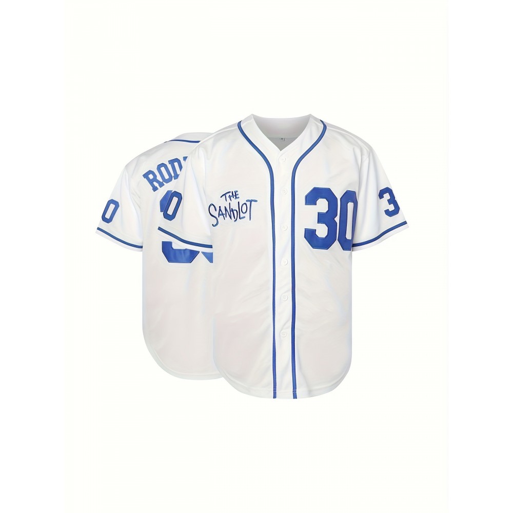 Men'S Retro Casual THE SANDLOT #30 Embroidery Design Short Sleeve V-neck Loose Button Up Shirt, Men'S Summer Baseball Jersey