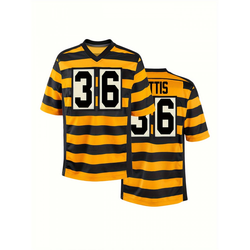 Men's #36 Breathable Rugby Jersey - V-Neck Short Sleeve Embroidered American Football Shirt with Bold Stripes, Loose Fit for Training, Matches & Casual Wear | All-Season Comfort, Machine Washable, Durable Sportswear