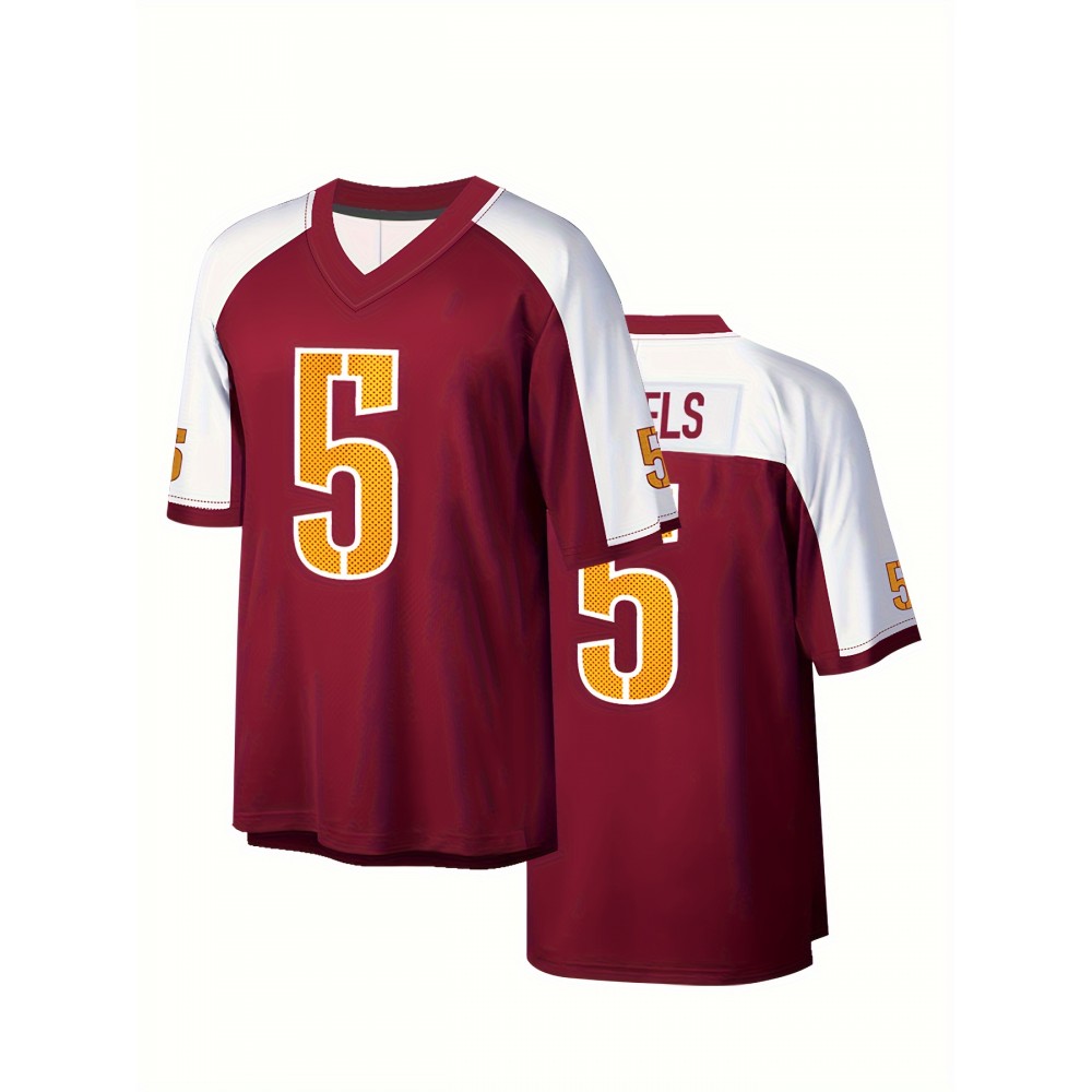 Men's Red #5 Breathable Rugby Jersey - V-Neck Short Sleeve Embroidered American Football Shirt, Loose Fit All-Season Training Top for Sports, Outdoor & Casual Wear, Durable Sports Fabric