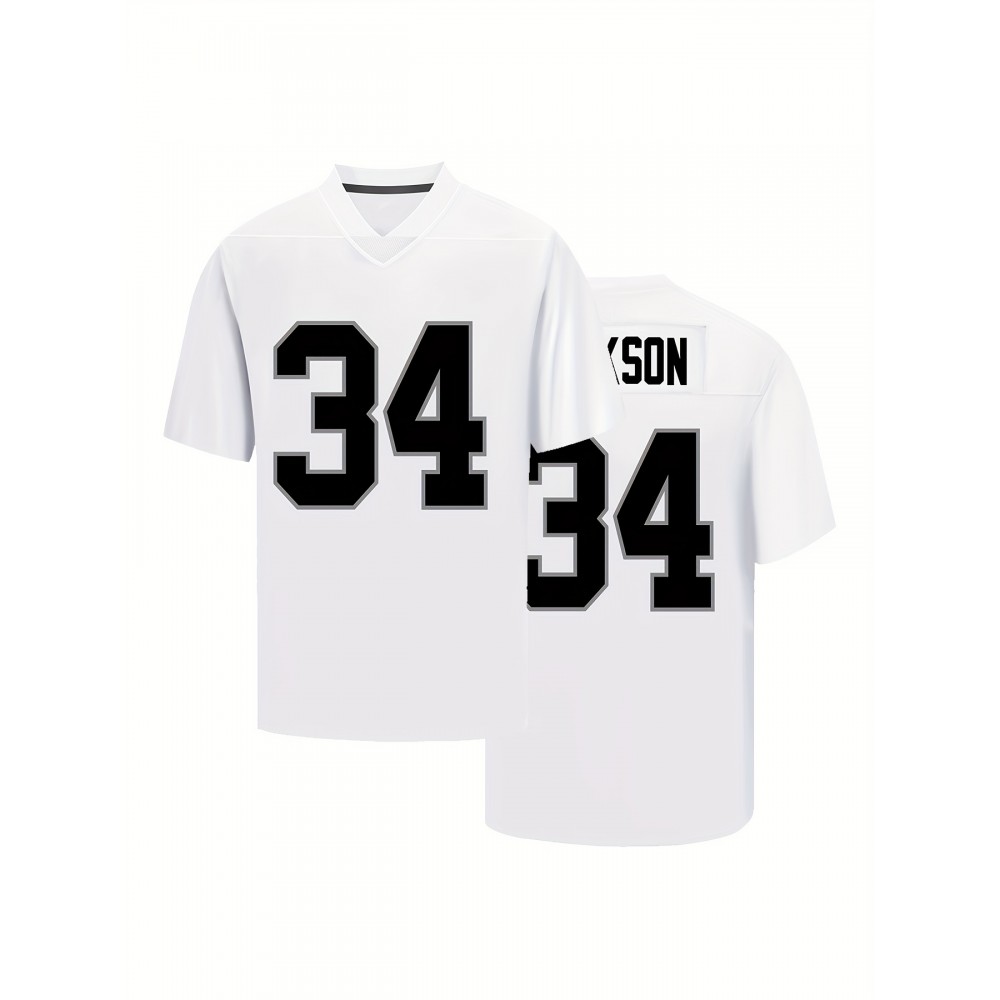 Men's White #34 Breathable Rugby Shirt - Classic Embroidered American Style V-Neck Short Sleeve, Loose Fit Knit Fabric for All-Season Comfort - Training, Hiking, Outdoor & Casual Wear - Adult & Youth Sizes, Sports Training Apparel, Embroidered Detailing