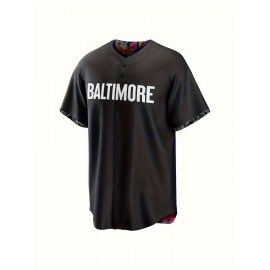 #35 Men'S Casual Embroidery Design Short Sleeve V-neck Loose Button Up Shirt, Men'S Baseball Jersey For Training And Games