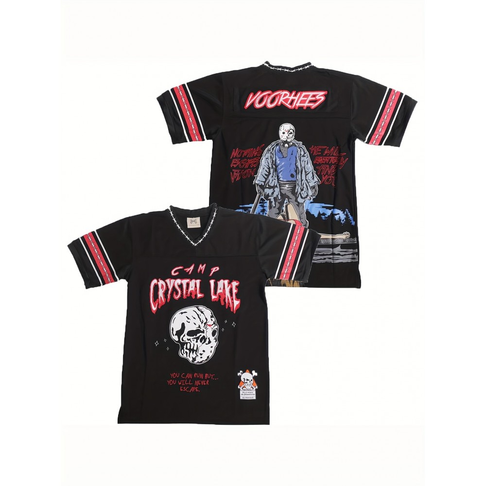 Men's Breathable Black Rugby Jersey - Comfortable Hip-Hop Casual Sports T-Shirt, Polyester, V-Neck, Machine Washable, Sizes S-3XL