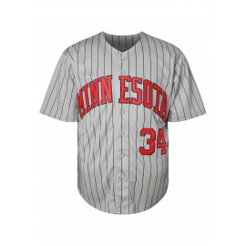 Retro Style Men's Baseball Jersey with Stripes, Breathable Polyester Button-Up Uniform with Embroidered 34 Number, Short Sleeve V-Neck Sports Top for Training, Parties, And Casual Wear