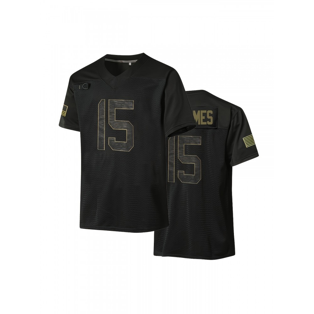 Men'S Black # 15 Breathable Rugby Shirt, Sports V-Neck Short Sleeved Training Shirt, Classic Embroidered American Rugby Shirt