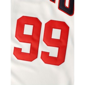 #99 White Jersey Men'S Embroidery Stitched Short Sleeve V Neck Loose Button Up Shirt, Men'S Baseball Jersey, Summer Party And Street