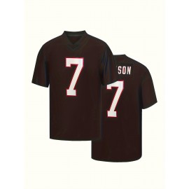 Men's Black #7 Embroidered Rugby Shirt - Breathable 100% Polyester V-Neck Jersey, Loose Fit Athletic Top for Running, Training, Hiking & Outdoor Activities - All-Season Machine Washable Sportswear for Adults & Teens