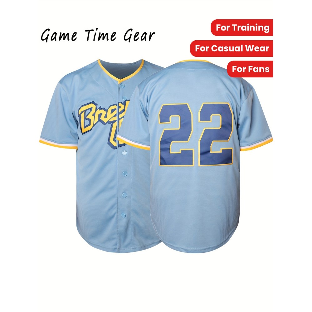 Men's #22 Embroidered Baseball Jersey - Light Blue V-Neck, Breathable & Durable for Training, Casual Wear, and Fans, Perfect for Game Day or Everyday Use, Outdoor Activewear | Striped Sports Jersey | Embroidered Detailing