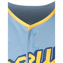 Men's #22 Embroidered Baseball Jersey - Light Blue V-Neck, Breathable & Durable for Training, Casual Wear, and Fans, Perfect for Game Day or Everyday Use, Outdoor Activewear | Striped Sports Jersey | Embroidered Detailing