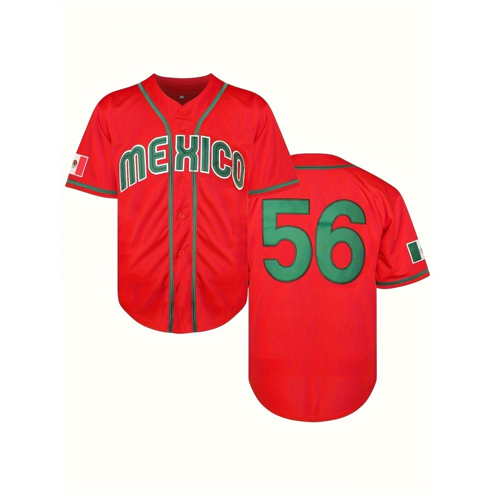 Men'S Classic Red Mexico 56 Baseball Jersey - V-Neck, Short Sleeve, Polyester - Ideal for Sports, Parties & Casual Wear