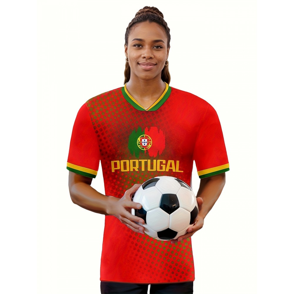Women's Large Size Professional Sports Fabric Creative Pattern Print Portugal Home Soccer Jersey T-shirt, Soccer Jersey Flag Uniforms Shirts Breathable And Lightweight, Moisture-Wicking, As Gifts For Sports Fans
