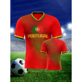 Women's Large Size Professional Sports Fabric Creative Pattern Print Portugal Home Soccer Jersey T-shirt, Soccer Jersey Flag Uniforms Shirts Breathable And Lightweight, Moisture-Wicking, As Gifts For Sports Fans