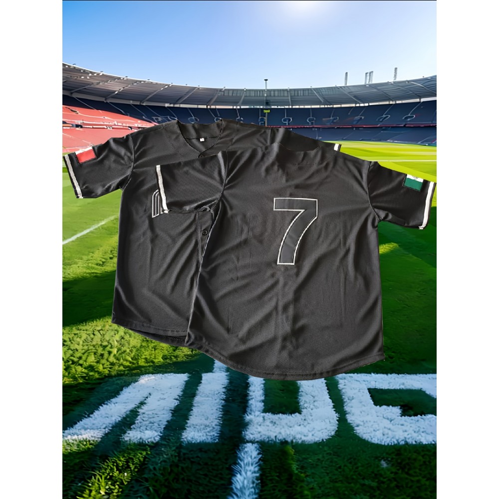 Men'S V-neck Baseball Jersey With Double Needle, Black, 7 Embroidered Letters, Polyester Knit Fabric Buttons