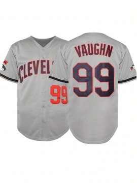 1pc Cleveland Sports Men's Baseball Jersey - V-Neck Loose Fit Polyester Knit Top with VAUGHN 99 Design, Red & Blue Accents, All-Season Casual & Festive Wear for Baseball, Parties, Outdoor Activities, Sports Apparel, Sporty Vneck Style, Detailing